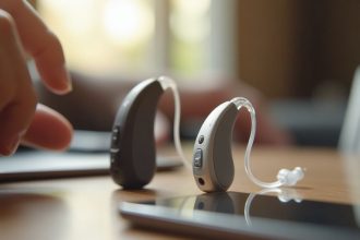 Appareil auditif Bluetooth moderne sur un fond neutre