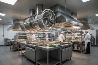 Moteur escargot installé dans une hotte de cuisine professionnelle