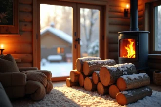 Bois empilé près d'une cheminée pour un hiver chaleureux