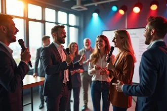 Participants collaborant à la création d'un hymne d'entreprise en équipe