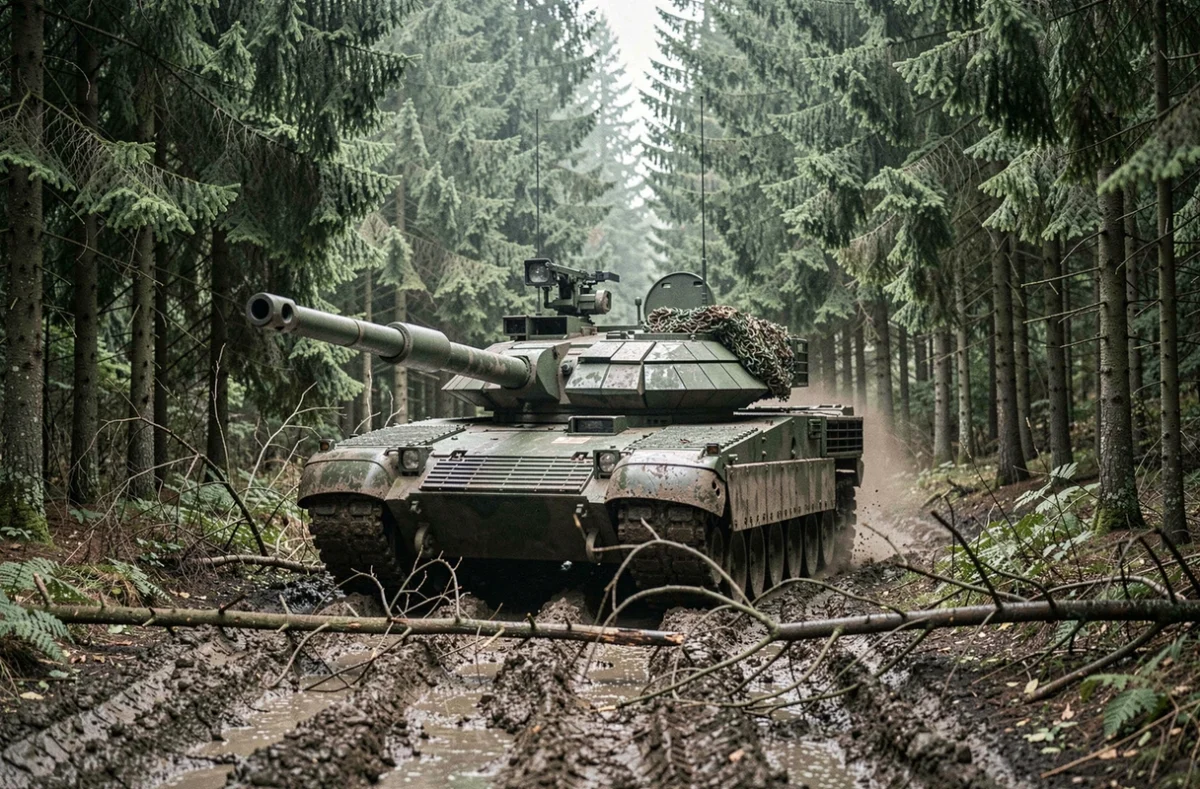 Char de combat M1A1 Abrams en mouvement sur un chemin forestier boueux lors d'un exercice militaire, canon pointé vers l'avant