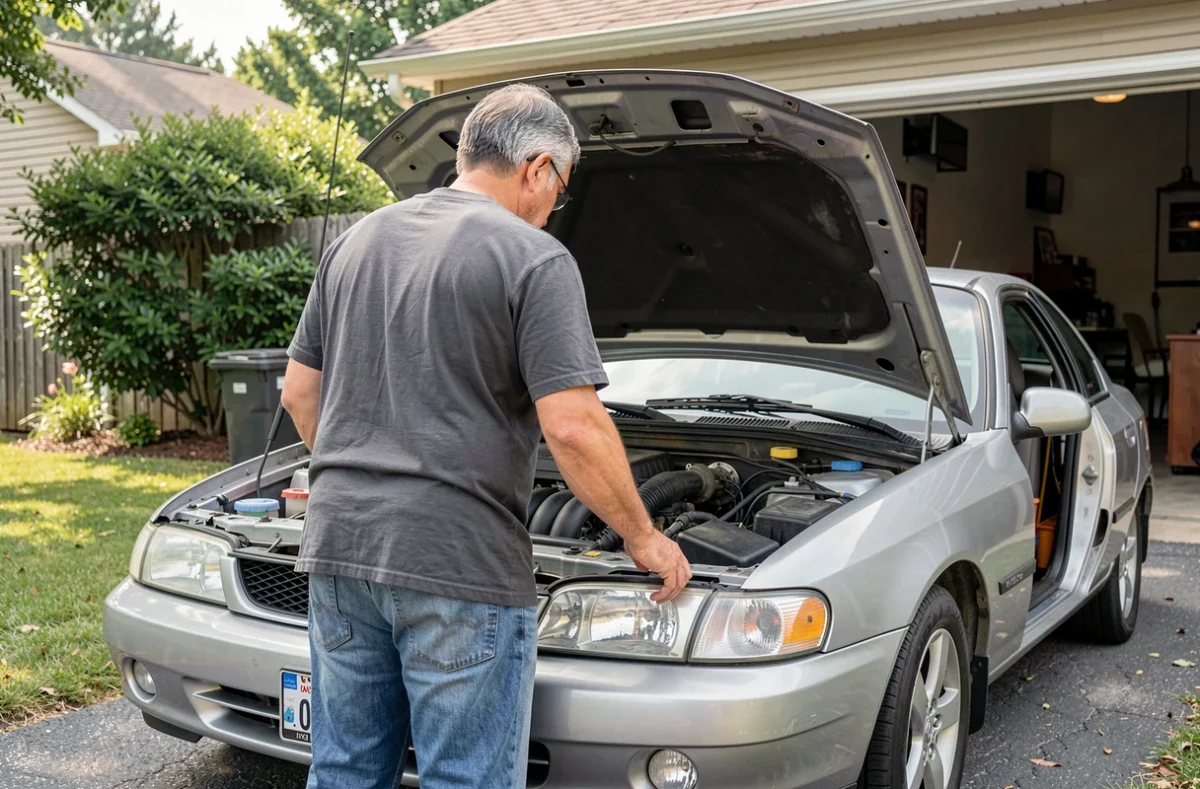 Acheteur qui inspecte une voiture d'occasion chez un vendeur