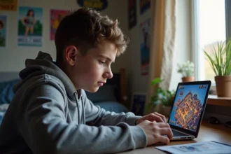 Adolescent jouant à Clash of Clans sur smartphone dans une chambre de gamer, concentré sur une composition de village HDV 12
