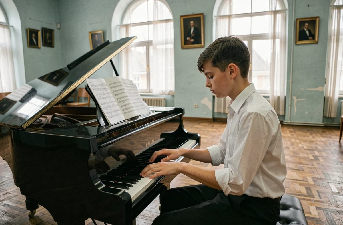 Adolescent débutant étudiant la note si bémol sur un grand piano dans une salle de répétition d'école de musique classique