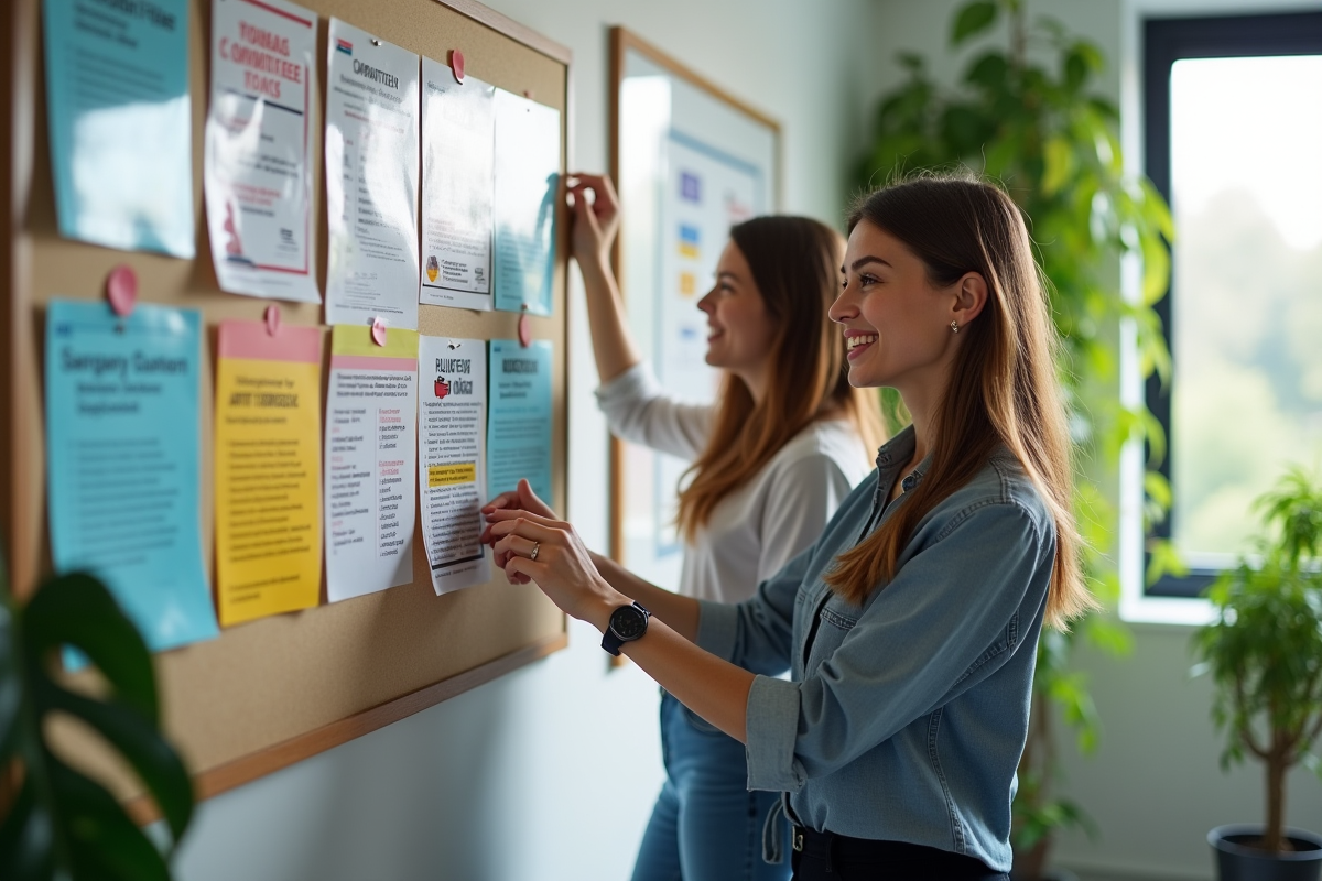 Employés accrochant des affiches colorées sur un tableau