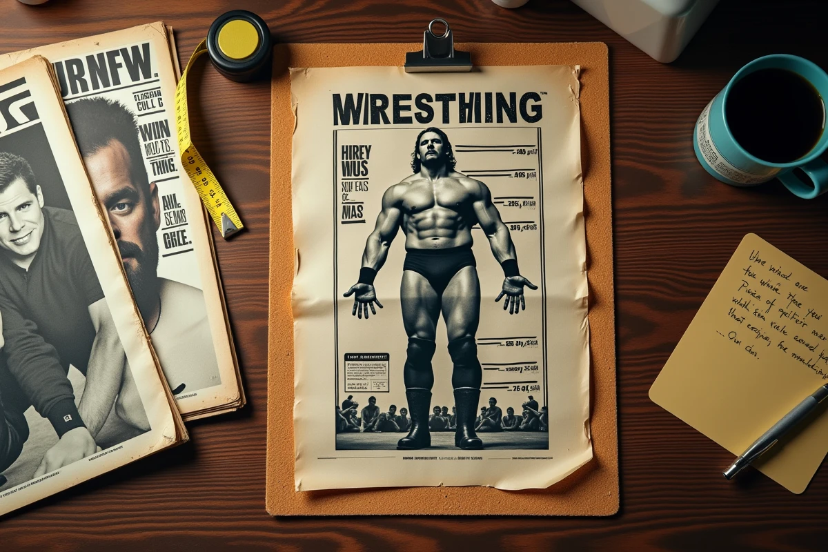Bureau de journaliste sportif avec affiche promotionnelle vintage d'un géant du catch, magazines de lutte et mesures exagérées