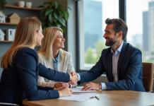 Agence immobilière : reconnaître un professionnel de confiance Agent immobilier homme en costume navy serre la main d'un couple