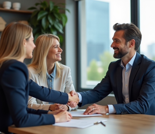 Agence immobilière : reconnaître un professionnel de confiance Agent immobilier homme en costume navy serre la main d'un couple