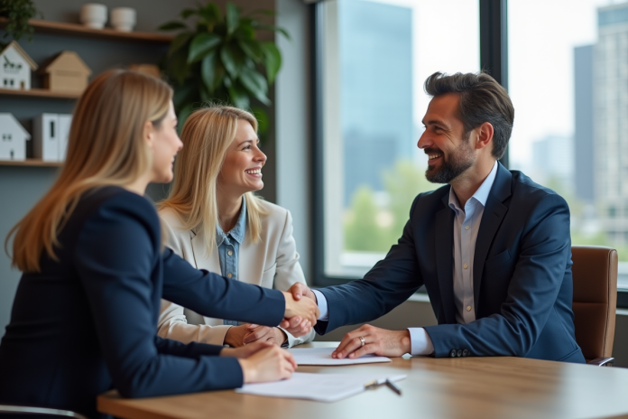 agent-immobilier-accord-urban Agent immobilier homme en costume navy serre la main d'un couple
