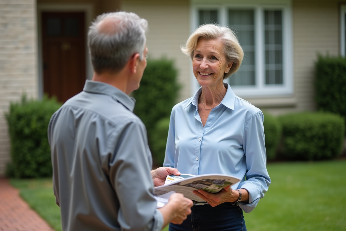 Agent immobilier femme avec brochures devant une maison