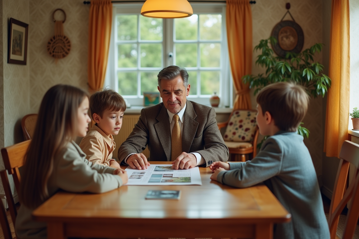 Agent immobilier avec famille dans un bungalow des années 70
