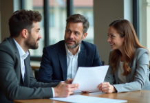 Immobilier en France : Quel avenir pour ce marché en pleine évolution ? Agent immobilier français discutant avec un couple dans un bureau moderne