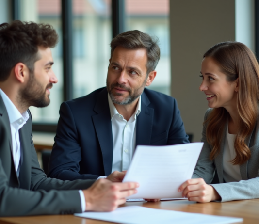 Immobilier en France : Quel avenir pour ce marché en pleine évolution ? Agent immobilier français discutant avec un couple dans un bureau moderne