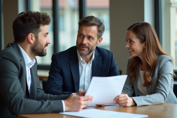 agent-immobilier-paris Agent immobilier français discutant avec un couple dans un bureau moderne