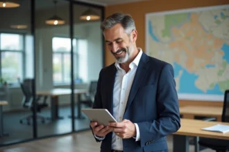 Agent immobilier français souriant avec tablette à Rennes