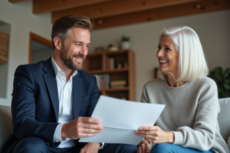 Agent immobilier et senior discutant dans un salon chaleureux