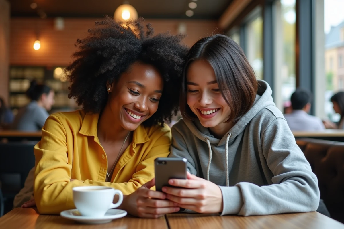Deux amies discutant de la qualité d'une traduction de manga sur smartphone dans un café