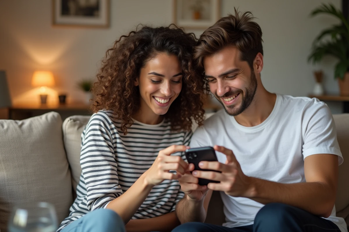 Deux amis cherchant ensemble la solution d'un mot de 9 lettres dans le jeu 4 Images 1 Mot