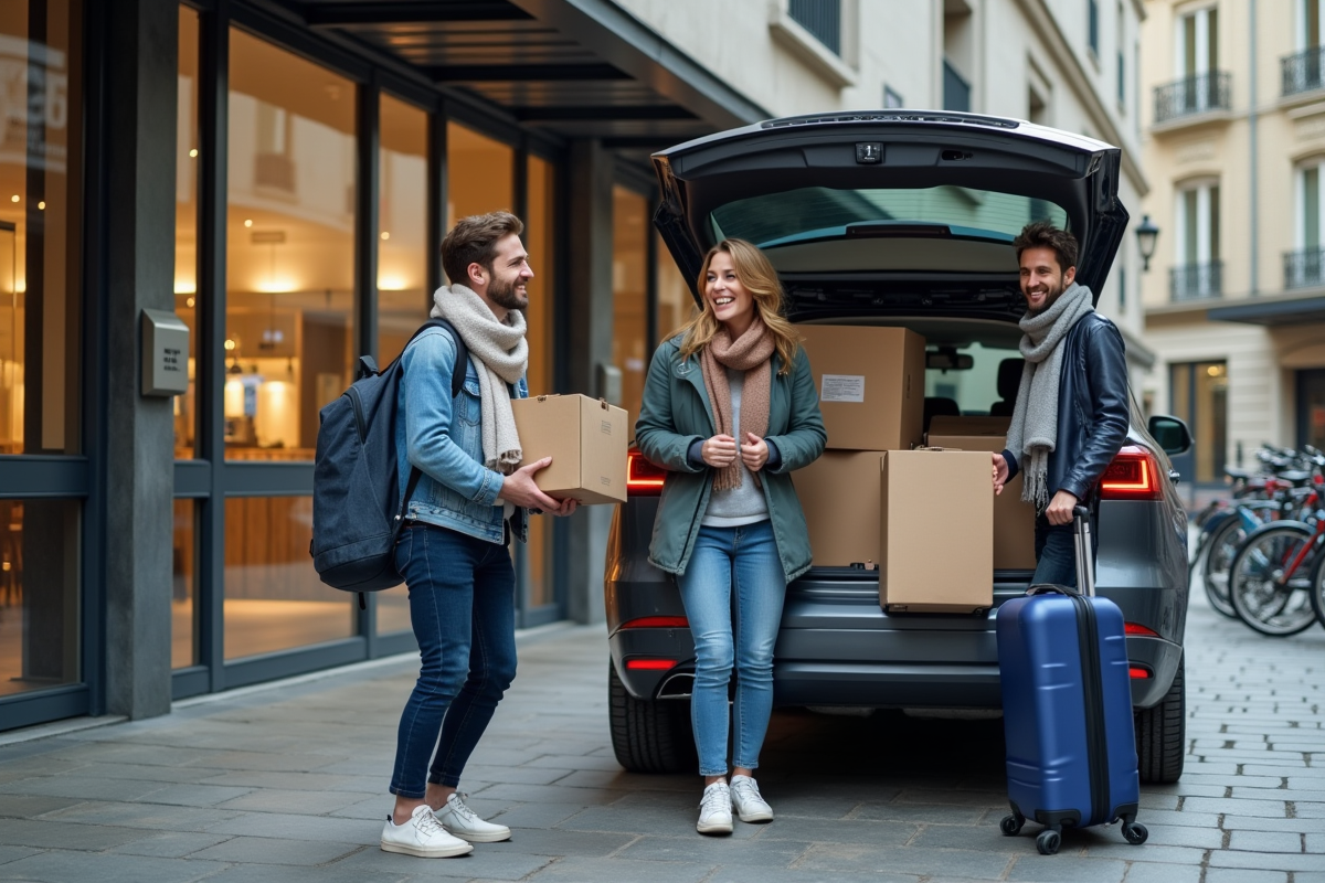 Amis français riant en déchargeant des valises devant un immeuble