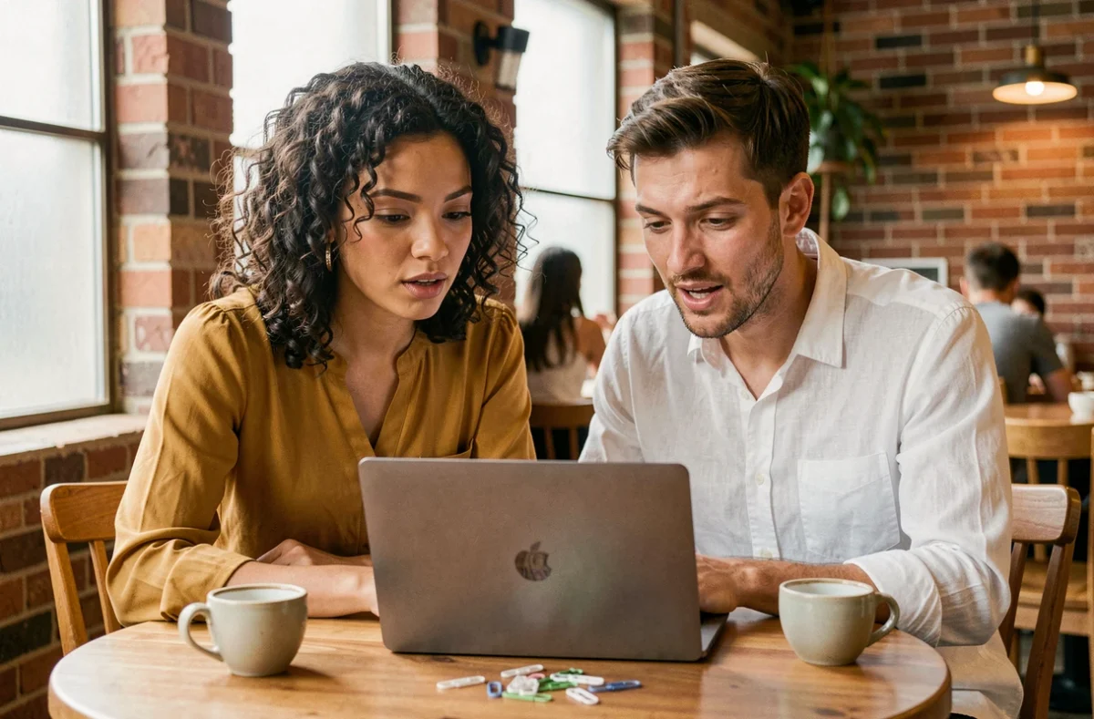 Deux amis découvrant ensemble le jeu Paper Clip sur un ordinateur portable dans un café, entourés de trombones éparpillés sur la table