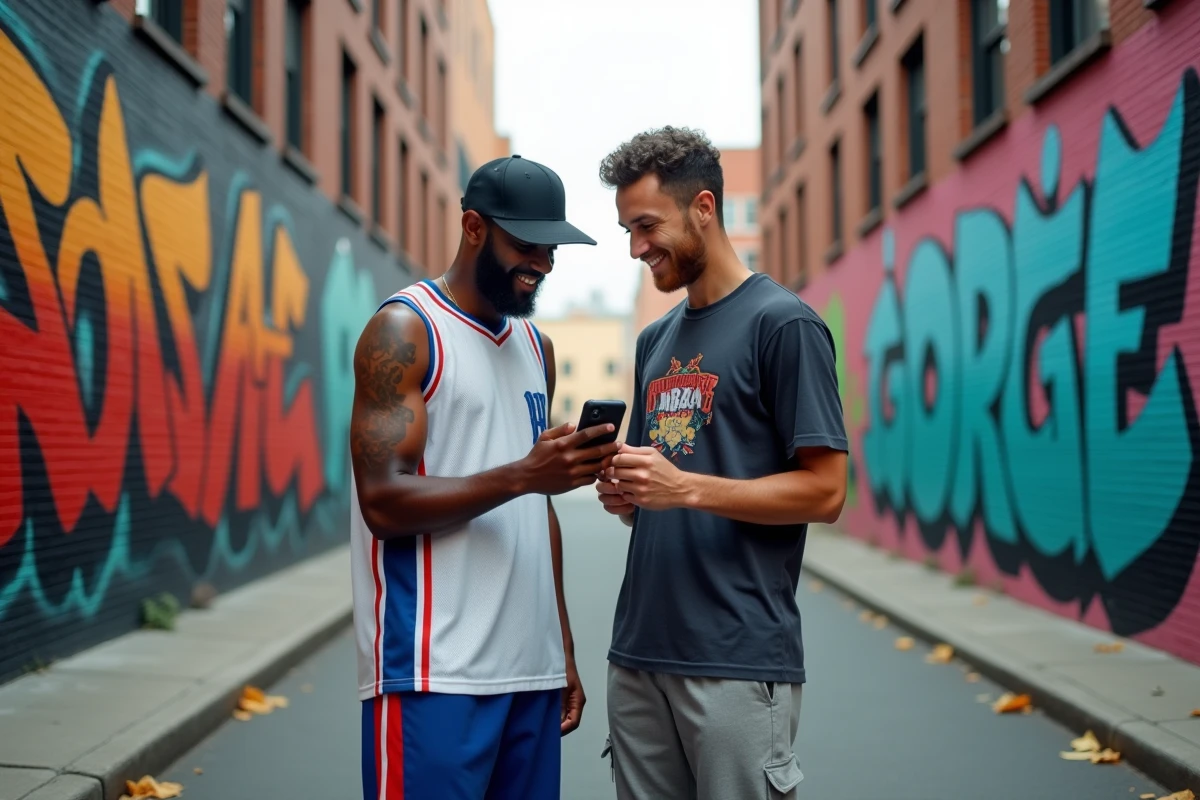Deux amis en tenue streetwear qui partagent des recommandations de rap américain dans une ruelle street art