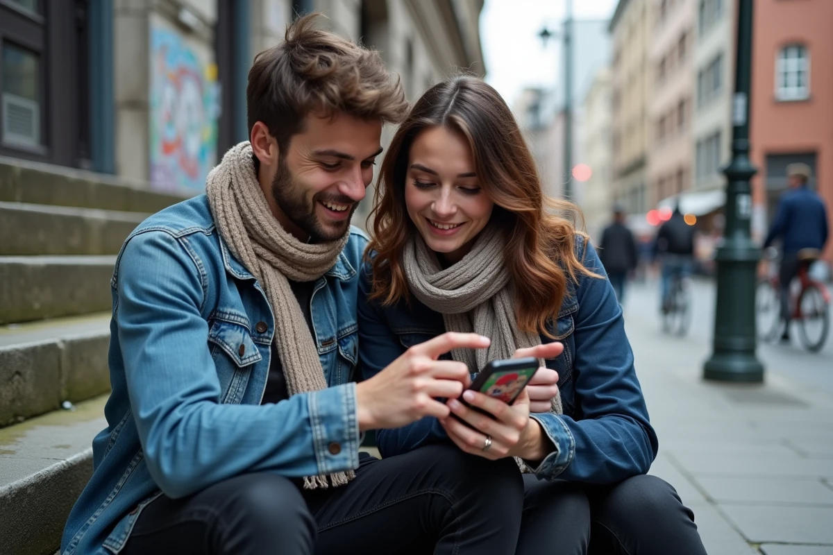 Deux amis regardant ensemble des scans One Piece sur smartphone assis sur des marches urbaines