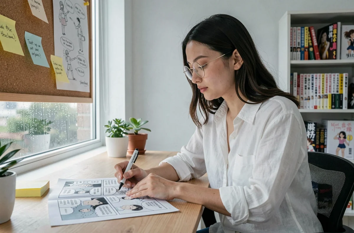 Jeune femme analyste de manga annotant les panels du scan One Piece 1149 à son bureau avec des notes de théories