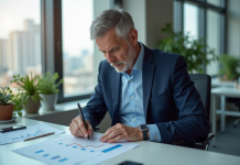 Analyste financier en costume regardant un graphique immobilier