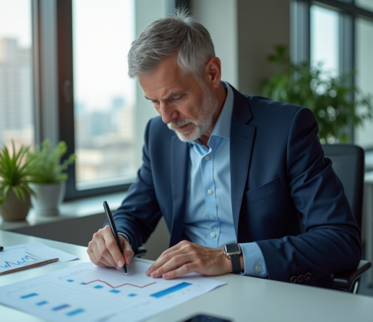 Prévisions taux immobiliers fin 2025 : baisse en vue ? Analyse expert Analyste financier en costume regardant un graphique immobilier