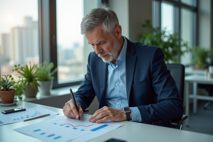 Analyste financier en costume regardant un graphique immobilier