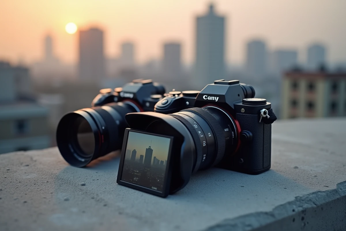 Deux appareils photo mirrorless posés sur un toit urbain avec écran affichant une vidéo 4K en direct