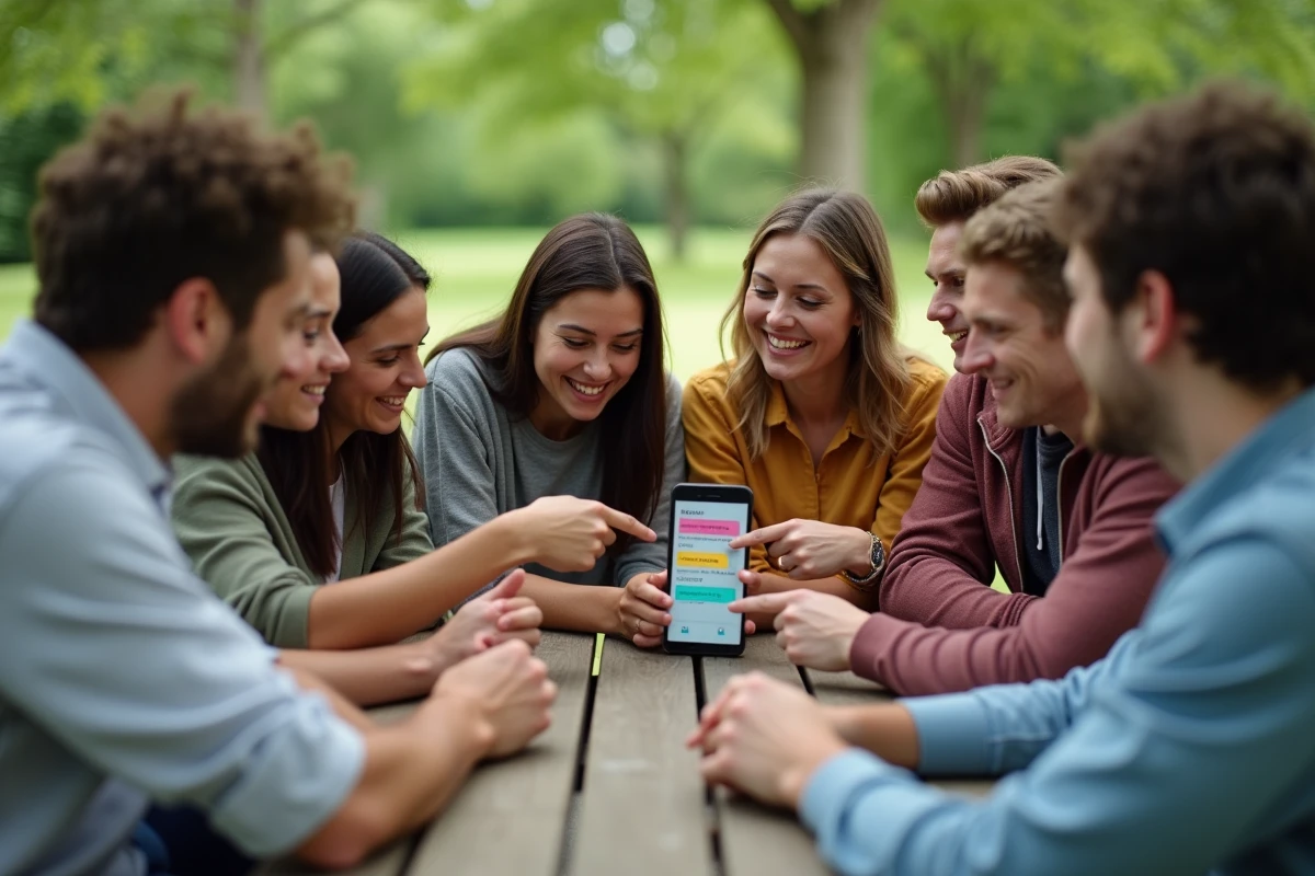 Groupe d'adultes consultant une application de tirage aléatoire sur smartphone pour former des équipes de sport équilibrées