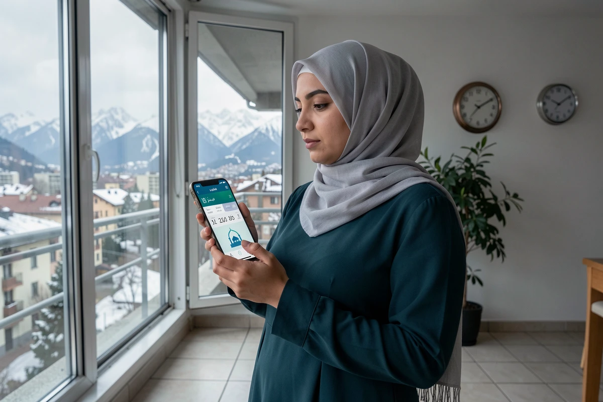 Femme consultant une application mobile de calcul des heures de prière musulmane à Grenoble en 2026