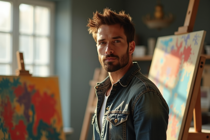 Artiste français confiant dans son studio lumineux