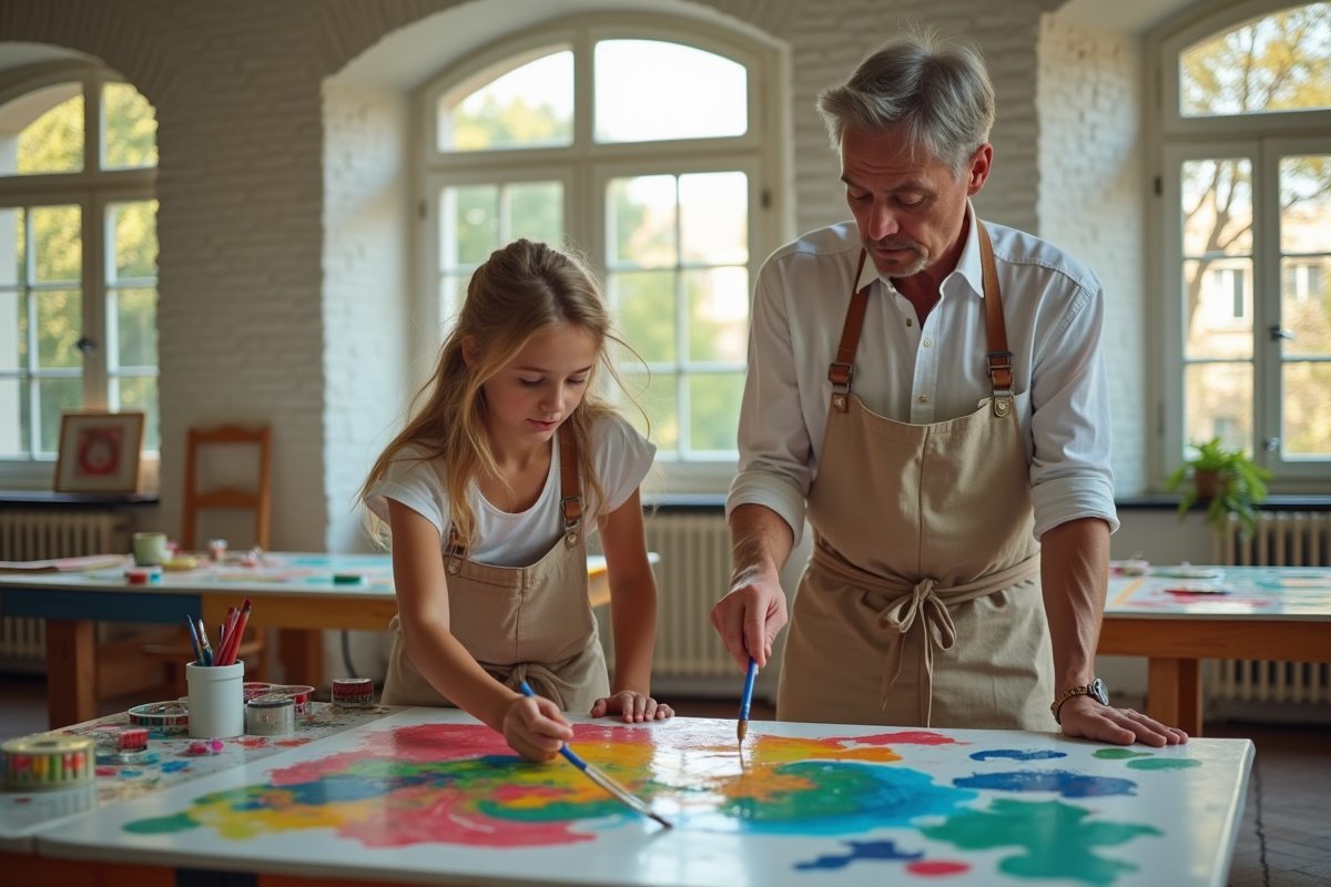Adolescent et adulte peignant dans un atelier parisien