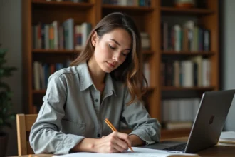 Femme auteure révisant le manuscrit d'un livre avec annotations pour finaliser la couverture