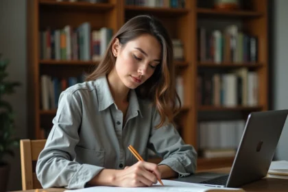Femme auteure révisant le manuscrit d'un livre avec annotations pour finaliser la couverture
