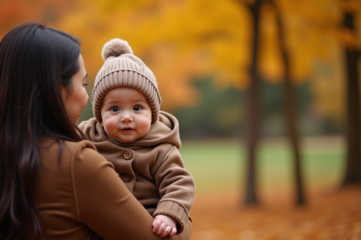 Bebe tenu par un parent dans un parc en automne