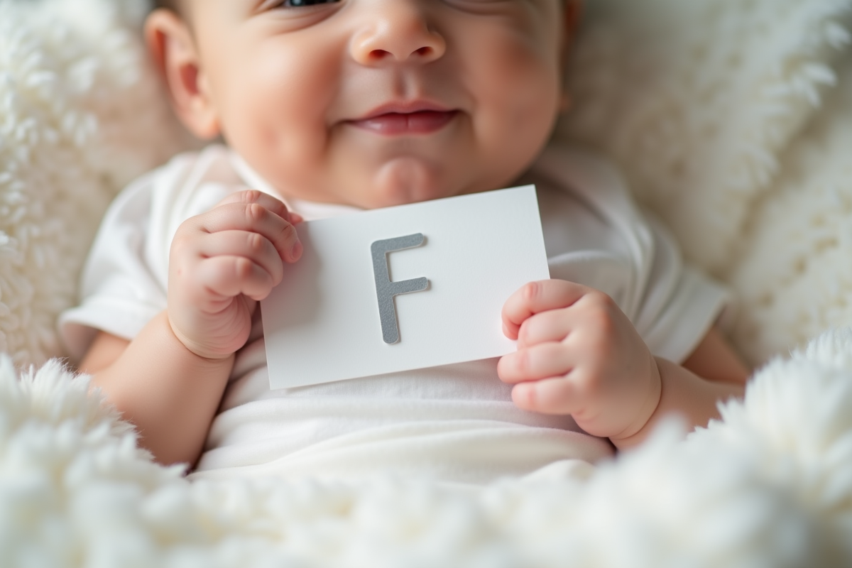 Gros plan sur bébé tenant une carte avec F