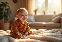 Bebe souriant assis sur un plaid dans un salon lumineux