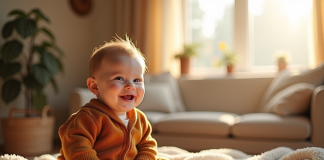 Bebe souriant assis sur un plaid dans un salon lumineux