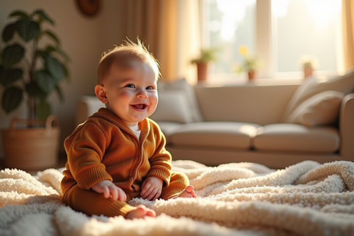 Bebe souriant assis sur un plaid dans un salon lumineux