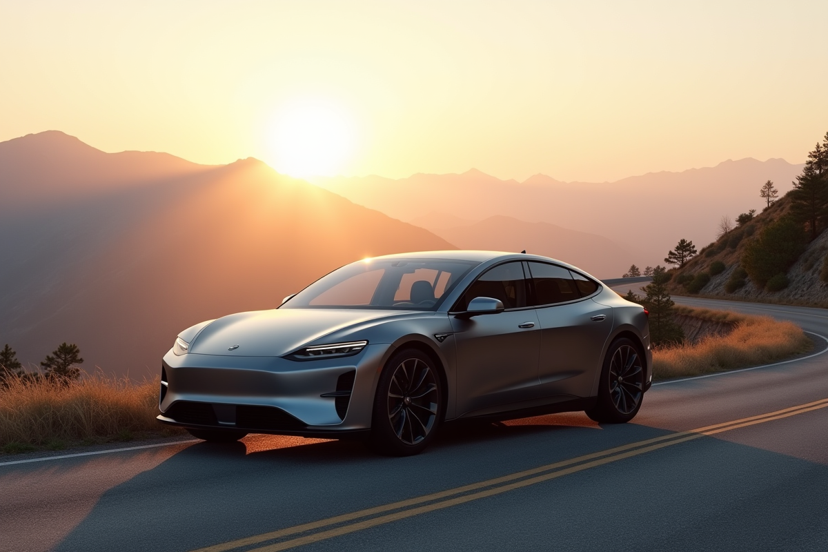 Berline électrique 2025 sur route de montagne au lever du soleil