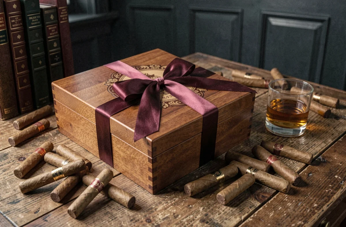 Boîte de cigares cadeau avec ruban bordeaux posée sur une table en chêne avec un humidor et un verre de whisky