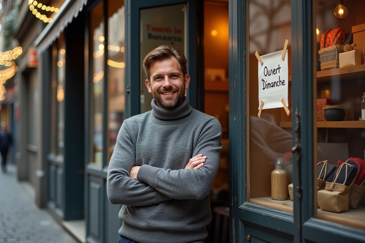 Commerçant indépendant ouvrant sa boutique le dimanche 22 décembre dans une rue piétonne