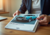 Personne tenant une brochure de voiture brillante en plein jour