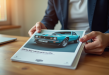Personne tenant une brochure de voiture brillante en plein jour