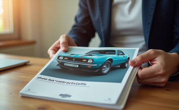 Personne tenant une brochure de voiture brillante en plein jour