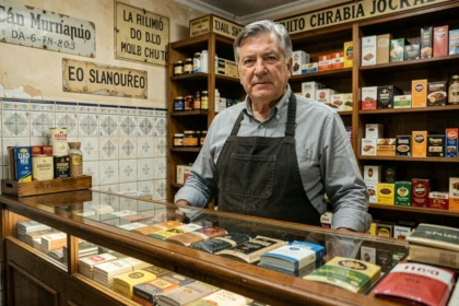 Buraliste espagnol derrière le comptoir d'un estanco avec des produits de tabac en rayon
