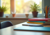 Bureau scolaire organisé avec fournitures colorées et tablette